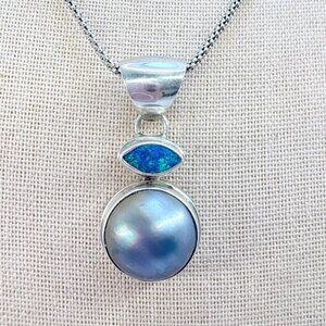 VTG Sterling Silver 925 Opal & Pearl Bezel Set Pendant Necklace Size 19" Length